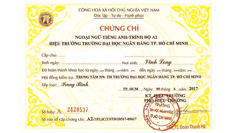 Mẫu chứng chỉ tiếng anh B1 - ĐH ngân hàng Tp. Hồ Chí Minh